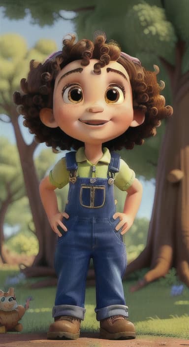  {Riley looking up at the tree with a big smile, animals surrounding them., Riley, a curious with big brown eyes and curly hair, wearing overalls and carrying a small backpack. Their friend, Skye, a bluebird with shiny feathers.