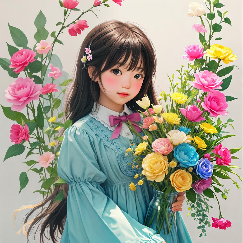  with a crayon art style, A charming scene unfolds as a girl delicately places vibrant flowers into an enchanting crayon-rendered vase.