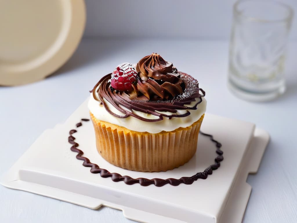  A closeup, ultradetailed image of a decadent cupcake specially designed for diabetics, featuring a moist sponge topped with a swirl of sugarfree frosting adorned with a single fresh raspberry and a delicate sprinkle of sugarfree chocolate shavings. The cupcake is elegantly presented on a sleek, modern plate, showcasing its glossy finish and inviting texture, embodying the essence of guiltfree indulgence and culinary artistry. hyperrealistic, full body, detailed clothing, highly detailed, cinematic lighting, stunningly beautiful, intricate, sharp focus, f/1. 8, 85mm, (centered image composition), (professionally color graded), ((bright soft diffused light)), volumetric fog, trending on instagram, trending on tumblr, HDR 4K, 8K