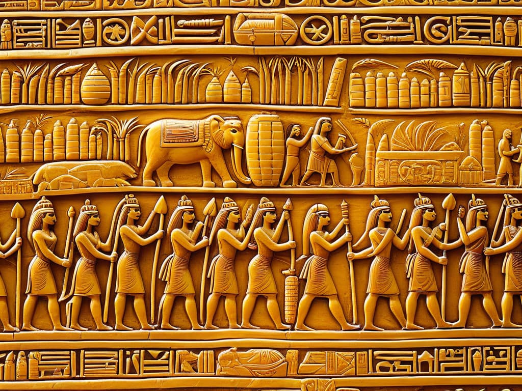  An intricately detailed and elegant Egyptian hieroglyphic carving depicting workers harvesting and processing sugar cane in ancient times, with hieroglyphs illustrating the importance of sugar in their culture. The scene is rich in golden hues, showcasing the significance of sugar production in history. hyperrealistic, full body, detailed clothing, highly detailed, cinematic lighting, stunningly beautiful, intricate, sharp focus, f/1. 8, 85mm, (centered image composition), (professionally color graded), ((bright soft diffused light)), volumetric fog, trending on instagram, trending on tumblr, HDR 4K, 8K