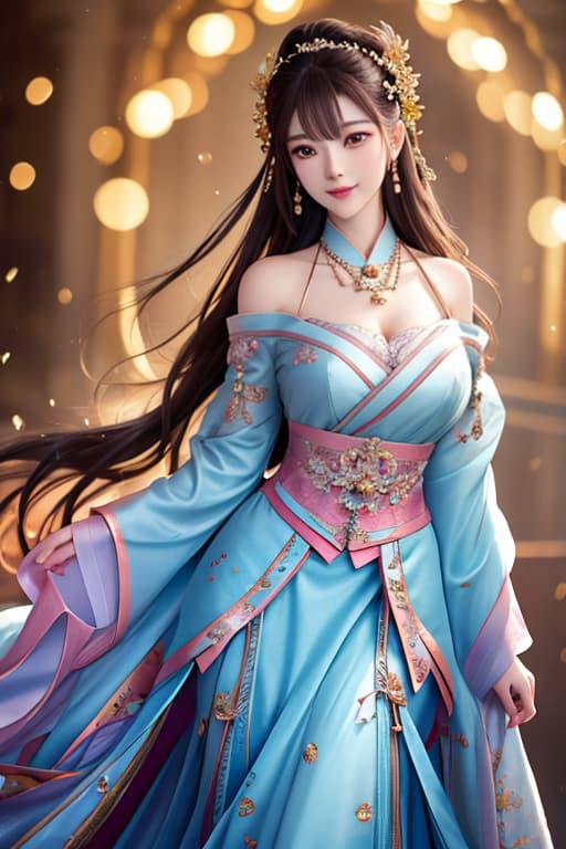  best quality, masterpiece, highres, 1girl,blush,(seductive smile:0.8),star shaped pupils,china hanfu,hair ornament,necklace, jewelry,Beautiful face,upon body, tyndall effect,photorealistic, dark studio, rim lighting, two tone lighting,(high detailed skin:1.2), 8k uhd, dslr, soft lighting, high quality, volumetric lighting, candid, Photograph, high resolution, 4k, 8k, Bokeh hyperrealistic, full body, detailed clothing, highly detailed, cinematic lighting, stunningly beautiful, intricate, sharp focus, f/1. 8, 85mm, (centered image composition), (professionally color graded), ((bright soft diffused light)), volumetric fog, trending on instagram, trending on tumblr, HDR 4K, 8K