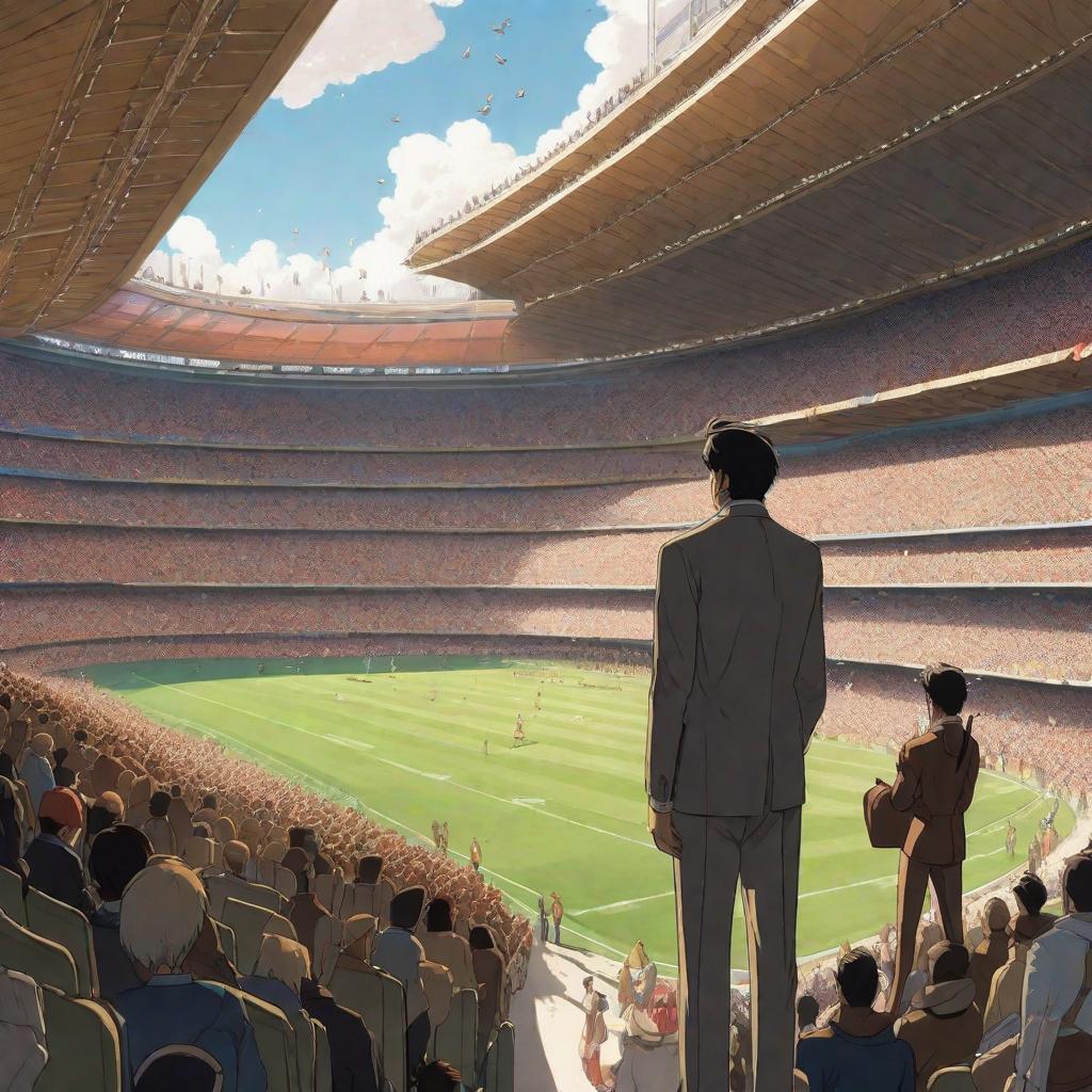  A group of people enter a stadium., anime concept art by Hayao Miyazaki, featured on pixiv, fantasy art, concept art, official art, high detailed hyperrealistic, full body, detailed clothing, highly detailed, cinematic lighting, stunningly beautiful, intricate, sharp focus, f/1. 8, 85mm, (centered image composition), (professionally color graded), ((bright soft diffused light)), volumetric fog, trending on instagram, trending on tumblr, HDR 4K, 8K