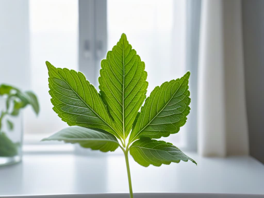  A closeup, ultradetailed image of a single stevia leaf against a softfocused background of a kitchen with natural light filtering through a window. The leaf is perfectly positioned to show its intricate veins and delicate texture, emphasizing its natural and healthy properties. The minimalistic style highlights the simplicity and purity of using stevia as a natural sweetener in healthy baking, resonating with the informative and professional tone of the article. hyperrealistic, full body, detailed clothing, highly detailed, cinematic lighting, stunningly beautiful, intricate, sharp focus, f/1. 8, 85mm, (centered image composition), (professionally color graded), ((bright soft diffused light)), volumetric fog, trending on instagram, trending on tumblr, HDR 4K, 8K