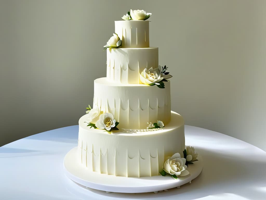  A minimalistic, ultradetailed image showcasing a delicate, intricately designed wedding cake created entirely using 3D printing technology. The cake features flawless geometric patterns, ornate floral details, and a mesmerizing interplay of light and shadow on its smooth, pristine surface. Each tier is a masterpiece of precision and artistry, demonstrating the limitless possibilities of combining traditional pastry craftsmanship with cuttingedge 3D printing techniques. hyperrealistic, full body, detailed clothing, highly detailed, cinematic lighting, stunningly beautiful, intricate, sharp focus, f/1. 8, 85mm, (centered image composition), (professionally color graded), ((bright soft diffused light)), volumetric fog, trending on instagram, trending on tumblr, HDR 4K, 8K