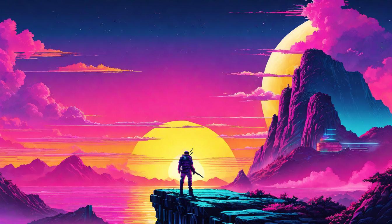  vaporwave,cyberpunk game style A figure standing at the edge of a cliff, looking towards a rising sun, critical juncture, dawn of guidance, propelling forward, horizon of possibilities, edge of decision, sunrise of clarityeon, dystopian, futuristic, digital, vibrant, detailed, high contrast, reminiscent of cyberpunk genre video games,retro aesthetic, cyberpunk, vibrant, neon colors, vintage 80s and 90s style, highly detailed