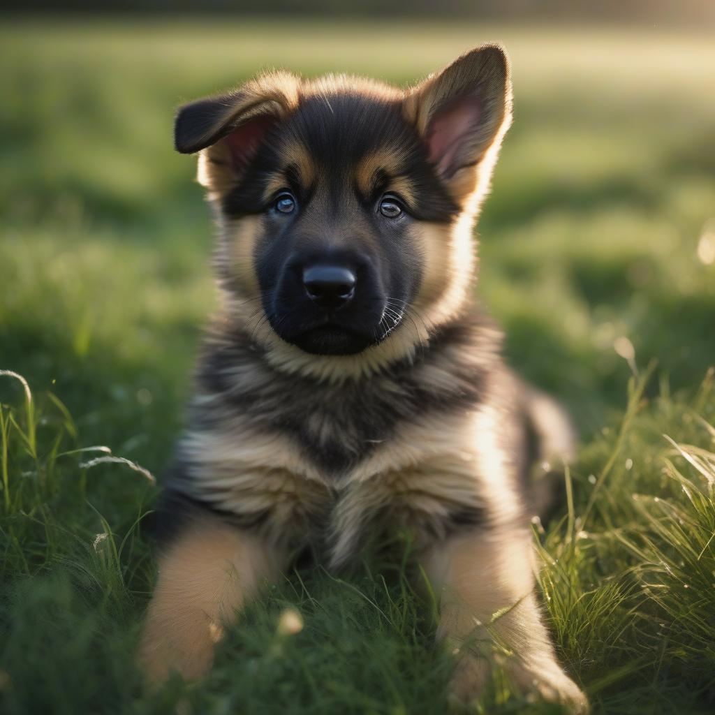  A sweet three month old German shepherd puppy in green grass. hyperrealistic, full body, detailed clothing, highly detailed, cinematic lighting, stunningly beautiful, intricate, sharp focus, f/1. 8, 85mm, (centered image composition), (professionally color graded), ((bright soft diffused light)), volumetric fog, trending on instagram, trending on tumblr, HDR 4K, 8K