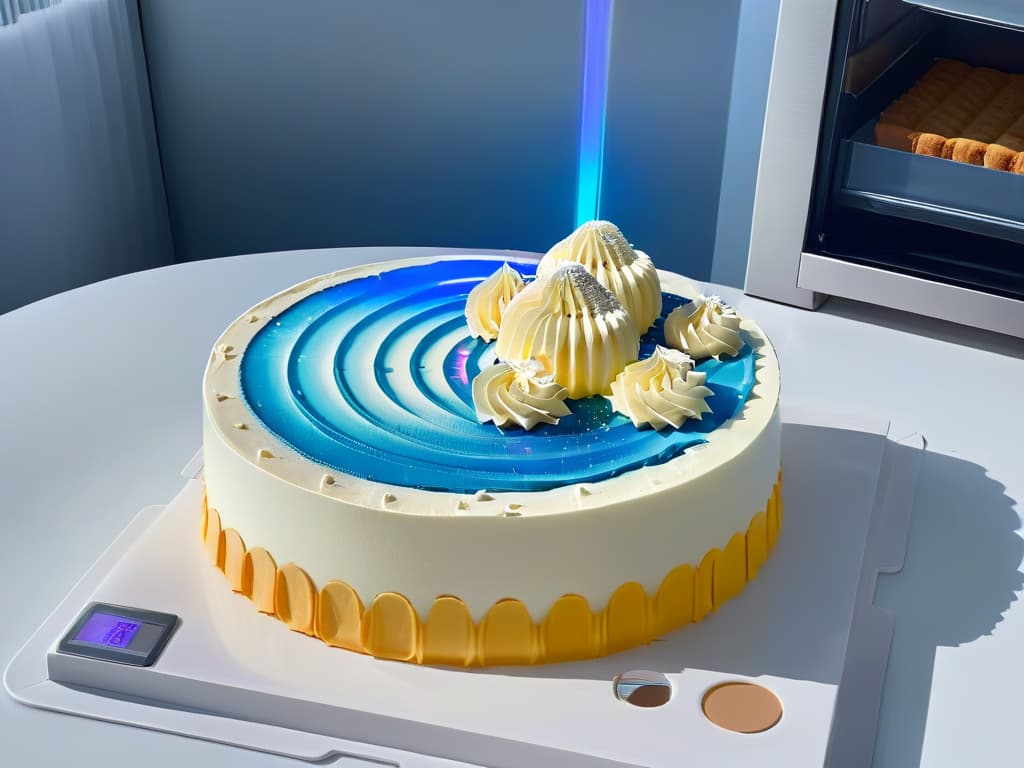  A highresolution image of a sleek, modern kitchen countertop with a holographic display projecting a detailed 3D interactive cake design floating above it. The countertop is immaculately clean, with a few highend baking tools strategically placed, enhancing the futuristic and professional vibe. The holographic cake design showcases intricate layers, frosting techniques, and decorative elements, all illuminated in a soft, inviting glow against a backdrop of a digitally rendered kitchen environment. hyperrealistic, full body, detailed clothing, highly detailed, cinematic lighting, stunningly beautiful, intricate, sharp focus, f/1. 8, 85mm, (centered image composition), (professionally color graded), ((bright soft diffused light)), volumetric fog, trending on instagram, trending on tumblr, HDR 4K, 8K