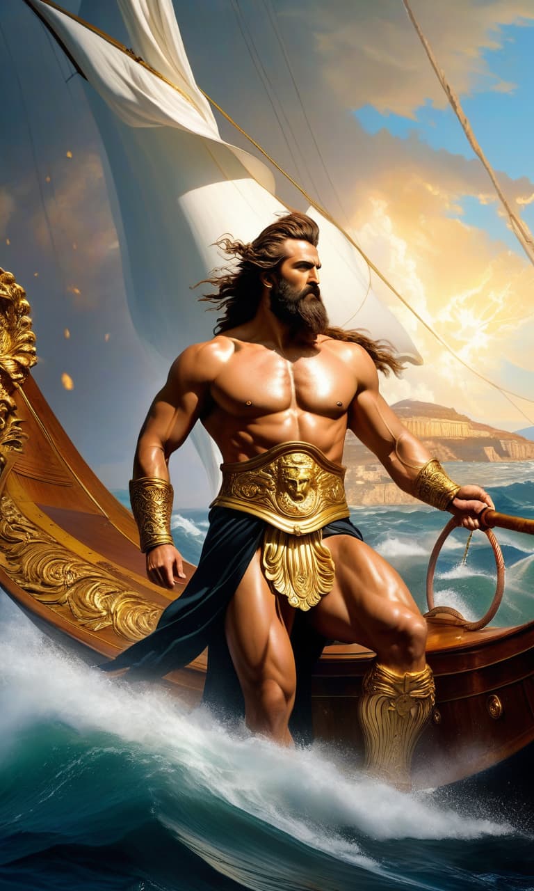  (digital painting) Black Sea, ancient times, Greece, gallery ship, white sail, excursions, the Golden Fleece emblem on the sail, Athens, Zeus, Jason, medium plan hyperrealistic, full body, detailed clothing, highly detailed, cinematic lighting, stunningly beautiful, intricate, sharp focus, f/1. 8, 85mm, (centered image composition), (professionally color graded), ((bright soft diffused light)), volumetric fog, trending on instagram, trending on tumblr, HDR 4K, 8K