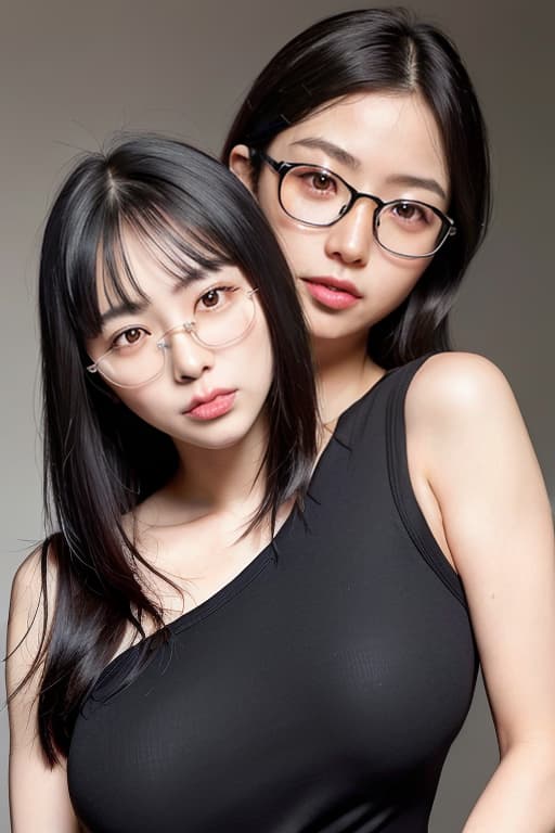  Both Japanese faces are beautifully faced with beautiful faces. One smile is short hair and glossy black hair Another is long hair, glossy dark gray rich breasts, only one Welington glasses, (Masterpiece, BestQuality:1.3), (ultra detailed:1.2), (hyperrealistic:1.3), (RAW photo:1.2),High detail RAW color photo, professional photograph, (Photorealistic:1.4), (realistic:1.4), ,professional lighting, (japanese), beautiful face, (realistic face)