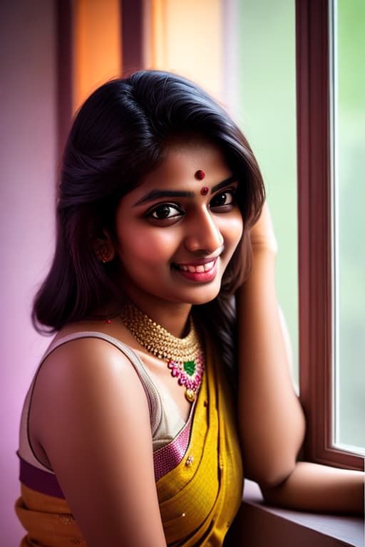  Indian beautiful woman portrait, glow soft lighting, window lighting, cute face, fair skin, sexy structure, homely look, cute smile, candid moments