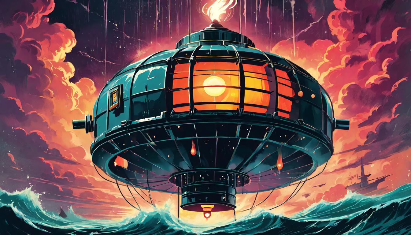  retro futuristic A lantern glowing steadily in a stormy night, held high by an unseen hand. Guiding light, purpose amidst turmoil, resilience. lvintage sci fi, 50s and 60s style, atomic age, vibrant, highly detailed