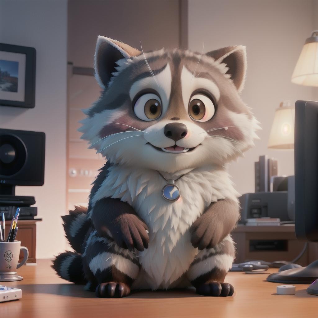  raccoon sitting in gaming chair front a computer on desktop, ((semi anthropomorphic)),(full body), tail, belly, sitting, fat, (chubby), (((white background))), solo, desktop, gaming chair, side view,  [[[clothes]]] hyperrealistic, full body, detailed clothing, highly detailed, cinematic lighting, stunningly beautiful, intricate, sharp focus, f/1. 8, 85mm, (centered image composition), (professionally color graded), ((bright soft diffused light)), volumetric fog, trending on instagram, trending on tumblr, HDR 4K, 8K