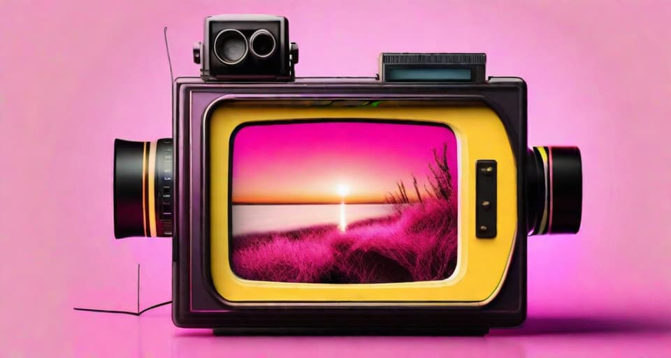  fantasy art, video recorder with dream like (((old film))) print poring out around the screen, pink tones, vivid colours, bright, cheerful and magical