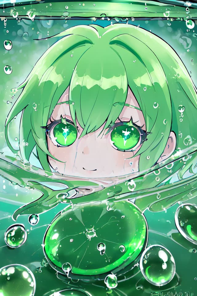  Super hydrophobic substance of green hair characters, super rebound between water drops, ultra high quality, 4K, 8k, detailed details, detailed depictions, green hair characters reflected in water droplets