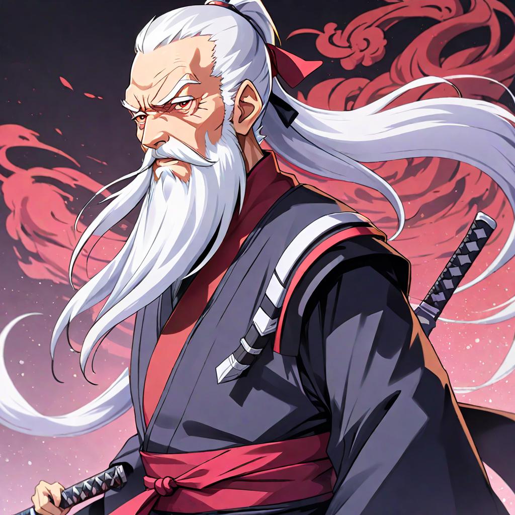  anime style artwork, (masterpiece:1.1), (highest quality:1.1), old man white beard ponytail ninja, anime style, key visual, vibrant, studio anime, highly detailed