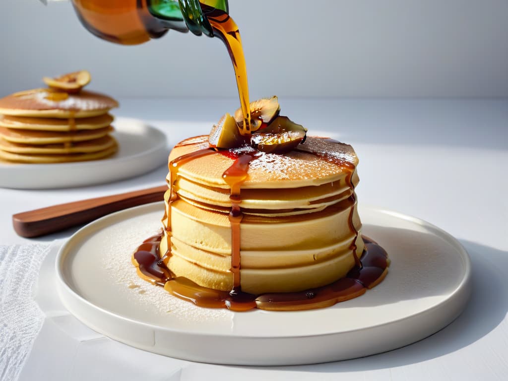  An ultradetailed, minimalist image featuring a closeup shot of golden, viscous date syrup being drizzled elegantly over a stack of fluffy, freshlymade pancakes. The syrup glistens under a soft, natural light, highlighting its rich texture and tempting amber hue. The pancakes are artfully arranged on a simple, white ceramic plate, enhancing the pure and sophisticated aesthetic of the image. hyperrealistic, full body, detailed clothing, highly detailed, cinematic lighting, stunningly beautiful, intricate, sharp focus, f/1. 8, 85mm, (centered image composition), (professionally color graded), ((bright soft diffused light)), volumetric fog, trending on instagram, trending on tumblr, HDR 4K, 8K