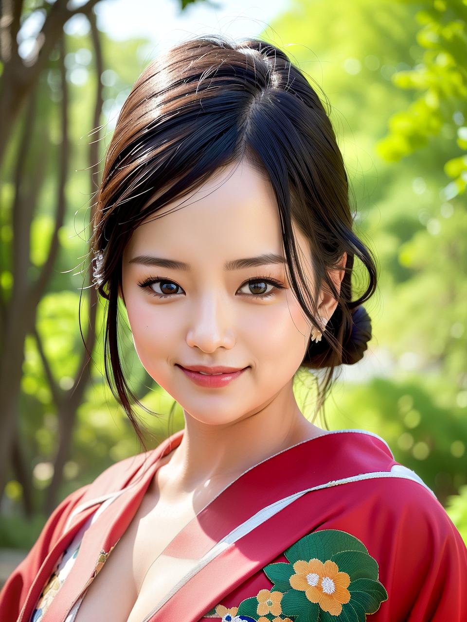  Kimono, a whole smile, beautiful face, plump breasts, constricted waist, (Masterpiece, BestQuality:1.3), (ultra detailed:1.2), (hyperrealistic:1.3), (RAW photo:1.2),High detail RAW color photo, professional photograph, (Photorealistic:1.4), (realistic:1.4), ,professional lighting, (japanese), beautiful face, (realistic face)