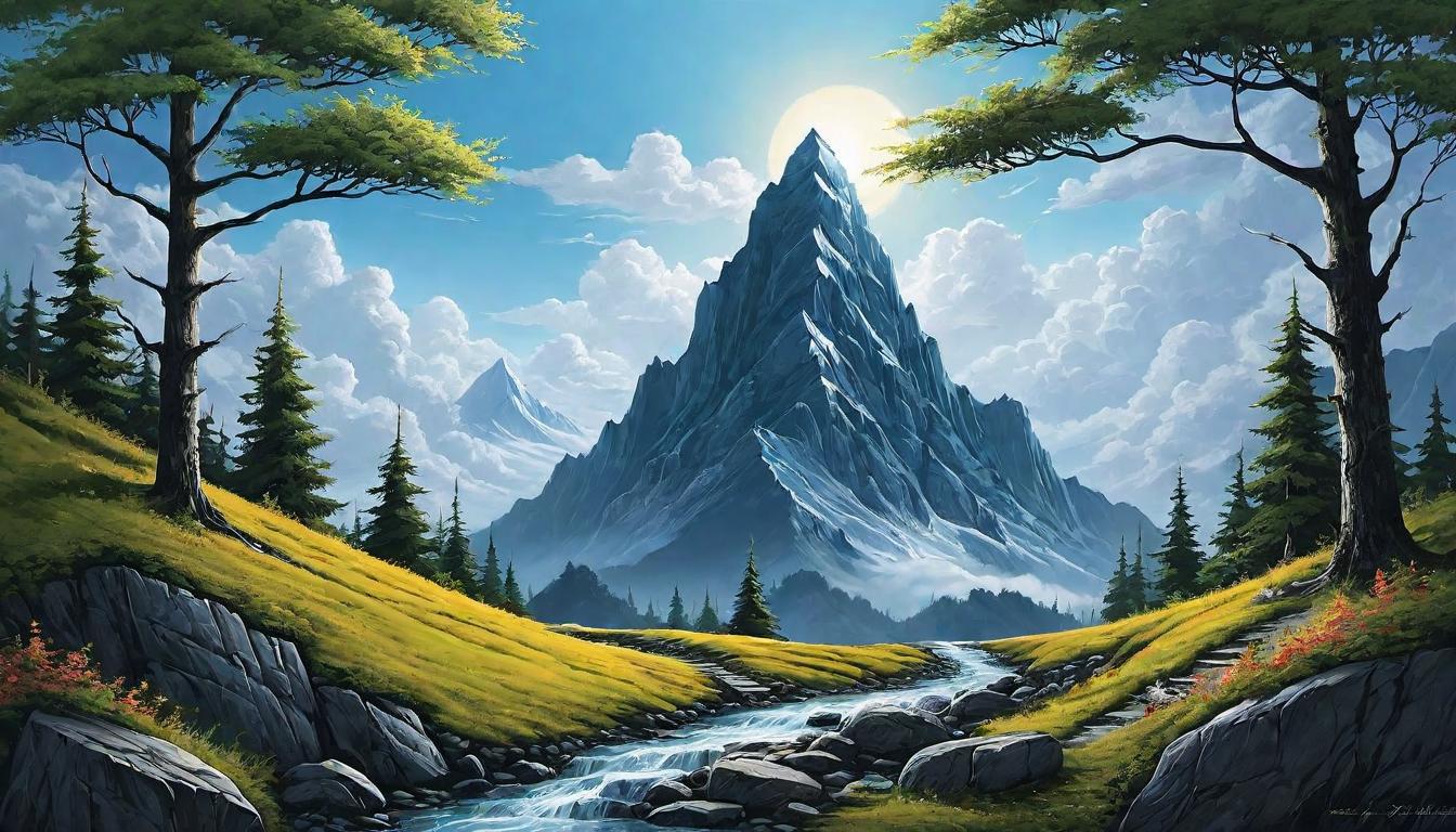  （surrealism)Mountain paths filled with obstacles, boulders and thorny bushes, each challenge appearing as a stepping stone, transformative journey, trials, personal growth mystic, intricate details, best quality)