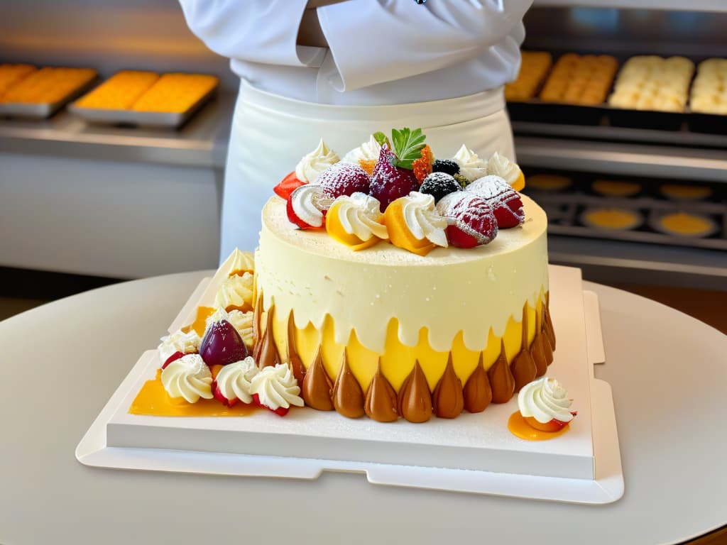  A photorealistic image of a skilled pastry chef meticulously crafting a delicate and intricate sugar sculpture, surrounded by an array of traditional baking tools and ingredients. The chef's focused expression and precise hand movements convey a sense of dedication and artistry, while the vibrant colors of the confections and decorations add a touch of visual flair. The background showcases a bustling bakery kitchen filled with warmth and creativity, emphasizing the fusion of tradition and innovation in the art of pastry making. hyperrealistic, full body, detailed clothing, highly detailed, cinematic lighting, stunningly beautiful, intricate, sharp focus, f/1. 8, 85mm, (centered image composition), (professionally color graded), ((bright soft diffused light)), volumetric fog, trending on instagram, trending on tumblr, HDR 4K, 8K