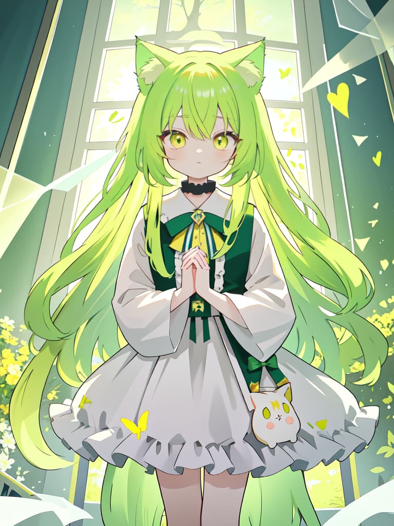  Cat ears yellow green hair Long Hair Character is in trouble, hold both hands in front and are in trouble, masterpiece, best quality,8k,ultra detailed,high resolution,an extremely delicate and beautiful,hyper detail