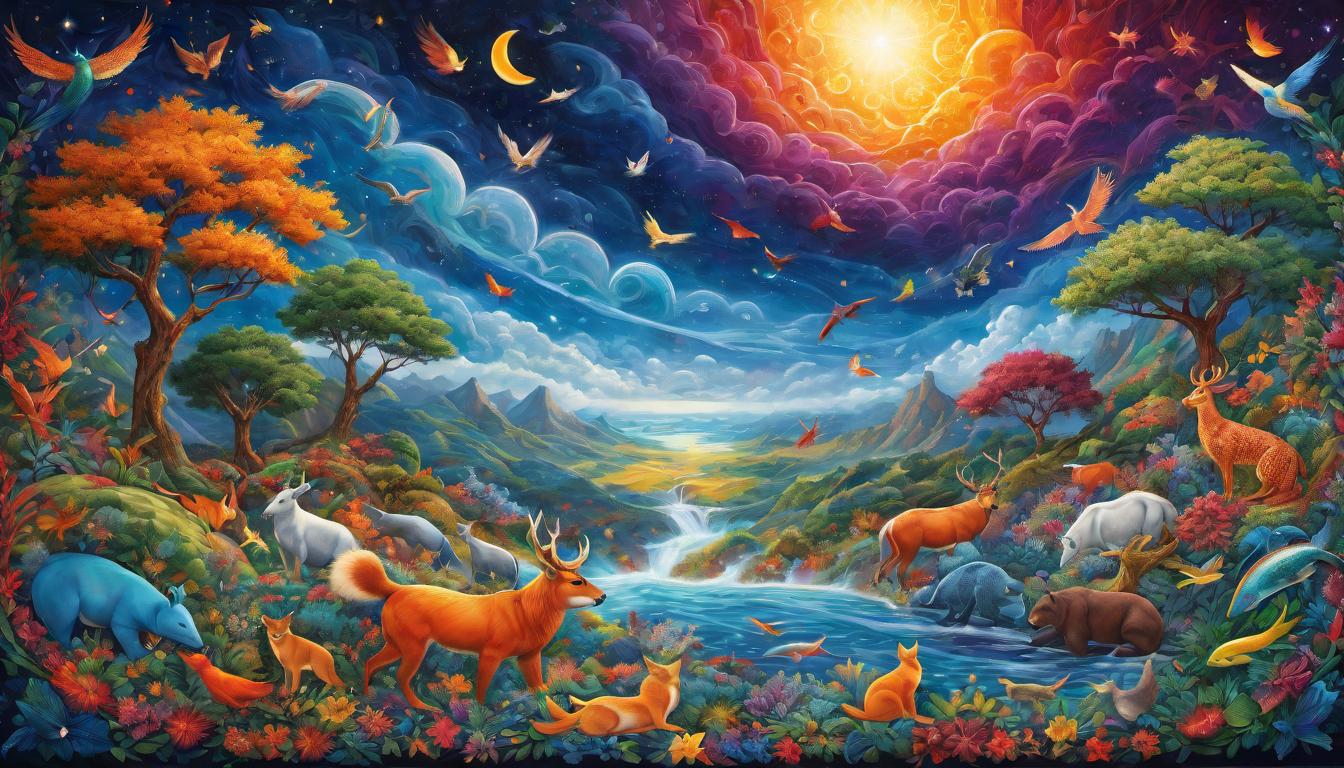  digital painting of A vast tapestry of interconnected life, each creature a vibrant thread, celestial backdrop suggesting universal dignity, inherent worth illuminated, a mosaic of existence, respect and recognition, unity in variety, splendor of life looking at viewer, dynamic pose, (intricate details, masterpiece, best quality)