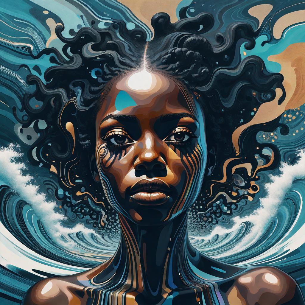  abstract artwork, black woman showing her face out of the algorithmic ocean