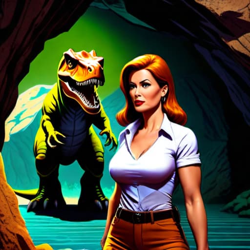  American style (modern) comic about  Mystery City, Mark and Jane hide in a cave and a dinosaur tries to get in. , digital color comicbook style, The dinosaur gives up and walks away, leaving Mark and Jane relieved.. hyperrealistic, full body, detailed clothing, highly detailed, cinematic lighting, stunningly beautiful, intricate, sharp focus, f/1. 8, 85mm, (centered image composition), (professionally color graded), ((bright soft diffused light)), volumetric fog, trending on instagram, trending on tumblr, HDR 4K, 8K