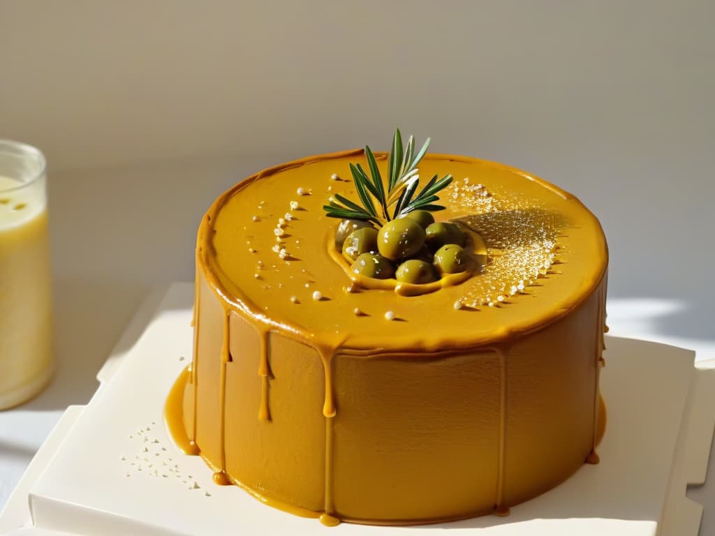  A minimalist, ultradetailed image of a golden olive oil drizzle cascading down onto a perfectly baked and golden brown olive oilinfused cake, with tiny droplets suspended in midair and a subtle shimmer reflecting off the surface of the cake. The texture of the cake appears moist and fluffy, with a hint of steam rising from its warm interior. The background is a soft focus, emphasizing the main subject and creating a serene, inviting atmosphere. hyperrealistic, full body, detailed clothing, highly detailed, cinematic lighting, stunningly beautiful, intricate, sharp focus, f/1. 8, 85mm, (centered image composition), (professionally color graded), ((bright soft diffused light)), volumetric fog, trending on instagram, trending on tumblr, HDR 4K, 8K