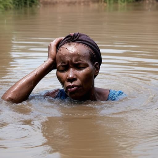  african woman's head drowning in the river the water is up to her nose