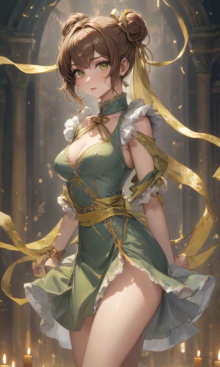  anime artwork , (portrait of a sensitive consisting of splashes and dots of paint and brush strokes), (( woman)), brown hair tied in a bun, transparent ribbon on the eyes, amber eyes, grey green dress with a cut out at the , fur on the shoulders with golden inlays, bare legs, on high heels, wax drips from her body, depicted in full length, aesthetic body, beautiful body, candles in the background, golden flames, ((Baroque style)), style of Arthur Rackham, Paul dy, Gediminas Pranka, Jakub a, full detailing, high quality rendering, anime style, ((Renaissance era style)), portrait style, ((turned three quarters)), splashes of paint, Persian miniature of the 3rd century, author of "anime" "Half Moon", 3D anime art, in hyperrealistic, full body, detailed clothing, highly detailed, cinematic lighting, stunningly beautiful, intricate, sharp focus, f/1. 8, 85mm, (centered image composition), (professionally color graded), ((bright soft diffused light)), volumetric fog, trending on instagram, trending on tumblr, HDR 4K, 8K