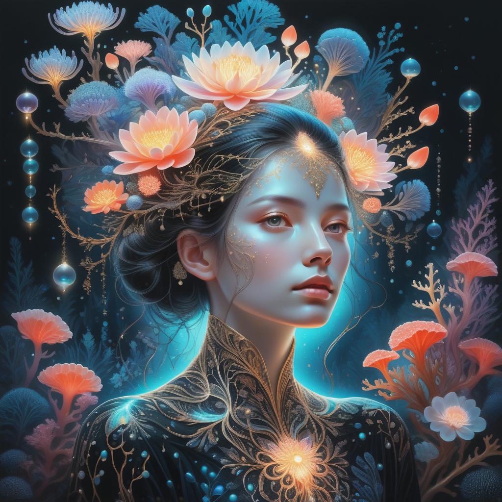  photo RAW, (Ultra detailed illustration of a person lost in a magical world of wonders, glowy, bioluminescent flora, incredibly detailed, pastel colors, art by Mschiffer, night, bioluminescence, ultrarealistic, hyperrealistice, hyperdetailed: shiny aura, highly detailed, black pearls, gold and coral filigree, intricate motifs, organic tracery, Kiernan Shipka, Januz Miralles, Hikari Shimoda, glowing stardust by W. Zelmer, perfect composition, smooth, sharp focus, sparkling particles, lively coral reef colored background Realistic, realism, hd, 35mm photograph, 8k), masterpiece, award winning photography, natural light, perfect composition, high detail, hyper realistic, add depth, water background, (Hyperdetailed,hyper realistic background:1. hyperrealistic, full body, detailed clothing, highly detailed, cinematic lighting, stunningly beautiful, intricate, sharp focus, f/1. 8, 85mm, (centered image composition), (professionally color graded), ((bright soft diffused light)), volumetric fog, trending on instagram, trending on tumblr, HDR 4K, 8K