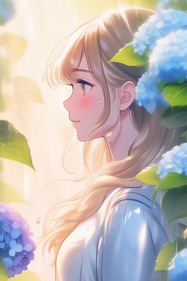  (Beautiful girl's profile) (beautiful illustration), Hydrangea, (Many Hydrangeas) Masterpiece, Beautiful Girl, After Rain, Rainbow, Sunlight, High Quality, 8k