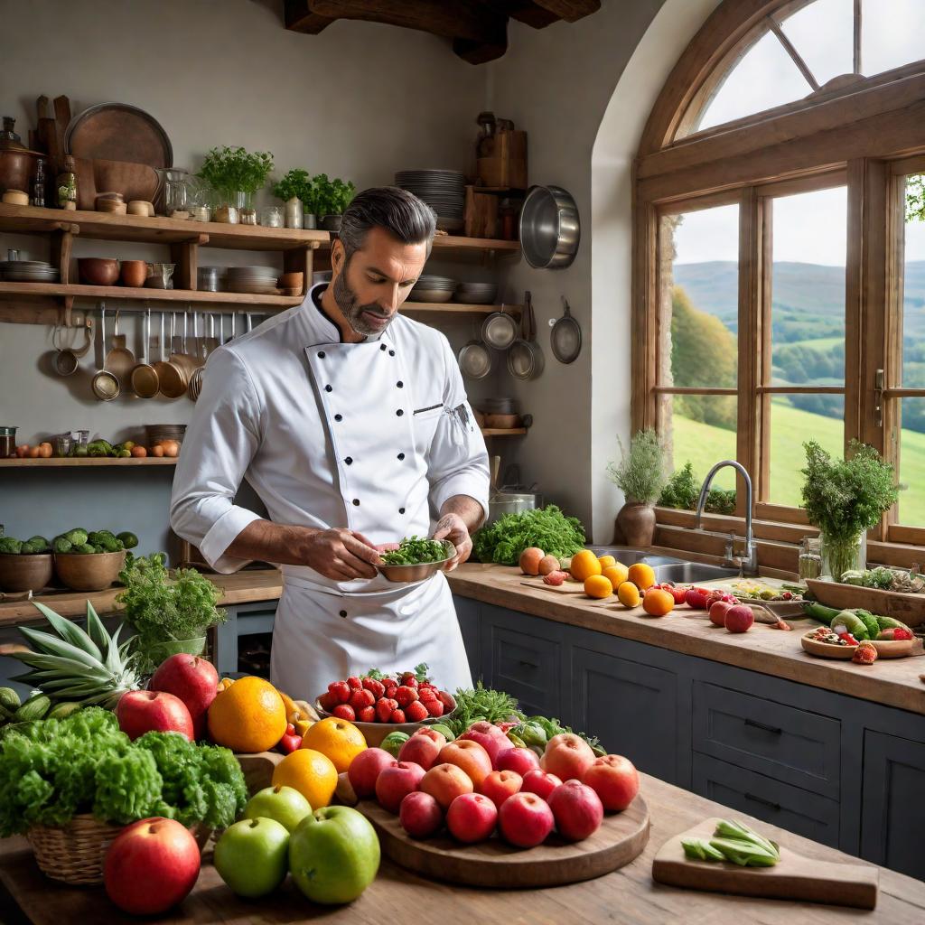  A realistic picture of a UHNWI Private Chef cooking in a well-equipped kitchen in a private estate in the English countryside. The scene includes various fresh fruits, vegetables, and other food ingredients around the working bench, with a beautiful view out of the window. hyperrealistic, full body, detailed clothing, highly detailed, cinematic lighting, stunningly beautiful, intricate, sharp focus, f/1. 8, 85mm, (centered image composition), (professionally color graded), ((bright soft diffused light)), volumetric fog, trending on instagram, trending on tumblr, HDR 4K, 8K