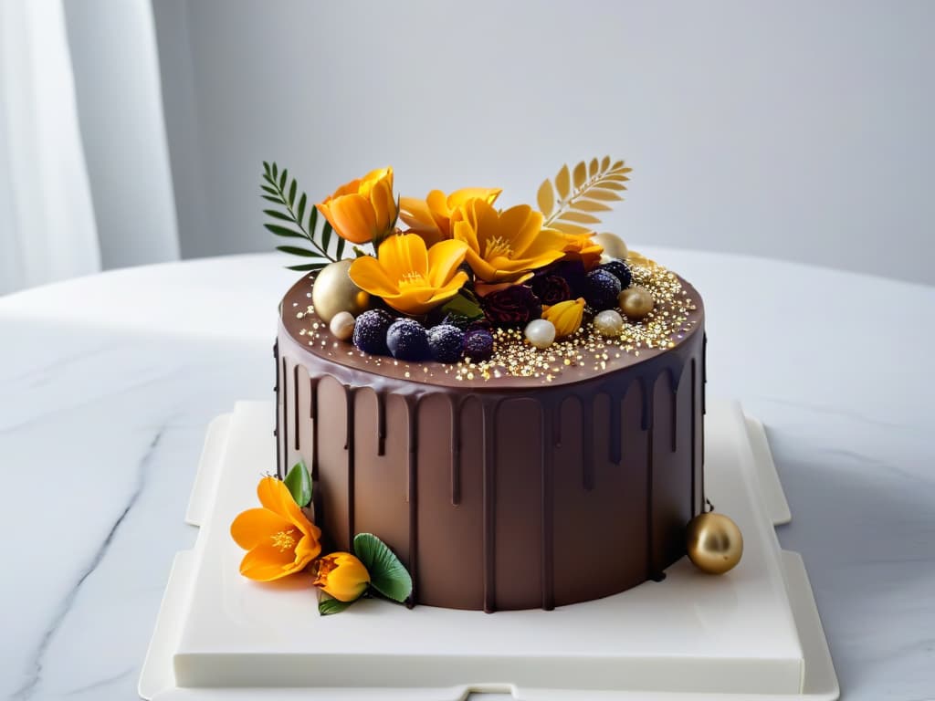  A photorealistic image of a decadent chocolate cake adorned with intricate floral designs painted with edible gold and vibrant colors of edible paint. The cake is elegantly displayed on a sleek marble cake stand, with soft natural lighting casting subtle shadows, highlighting the intricate details of the edible artwork. The colors pop against the rich, dark chocolate cake, enticing the viewer with a perfect balance of indulgence and artistry. hyperrealistic, full body, detailed clothing, highly detailed, cinematic lighting, stunningly beautiful, intricate, sharp focus, f/1. 8, 85mm, (centered image composition), (professionally color graded), ((bright soft diffused light)), volumetric fog, trending on instagram, trending on tumblr, HDR 4K, 8K