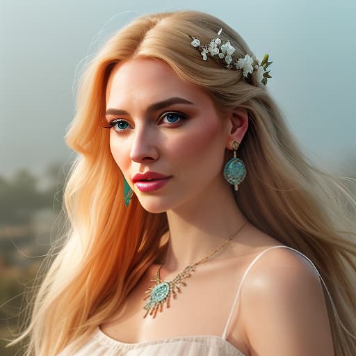  A portrait of a girl with golden hair dancing, her locks fluttering in the wind with a doll like face, large eyes, very defined dimples, plump lips, shiny makeup, sparkling shadows, radiant skin, a hooked nose, large white earrings, delicate flowers, a white airy dress with a sleeveless neckline decorated with turquoise stones, a tender pendant necklace, a softly blurred natural background, and a cinematic, bohemian style. hyperrealistic, full body, detailed clothing, highly detailed, cinematic lighting, stunningly beautiful, intricate, sharp focus, f/1. 8, 85mm, (centered image composition), (professionally color graded), ((bright soft diffused light)), volumetric fog, trending on instagram, trending on tumblr, HDR 4K, 8K