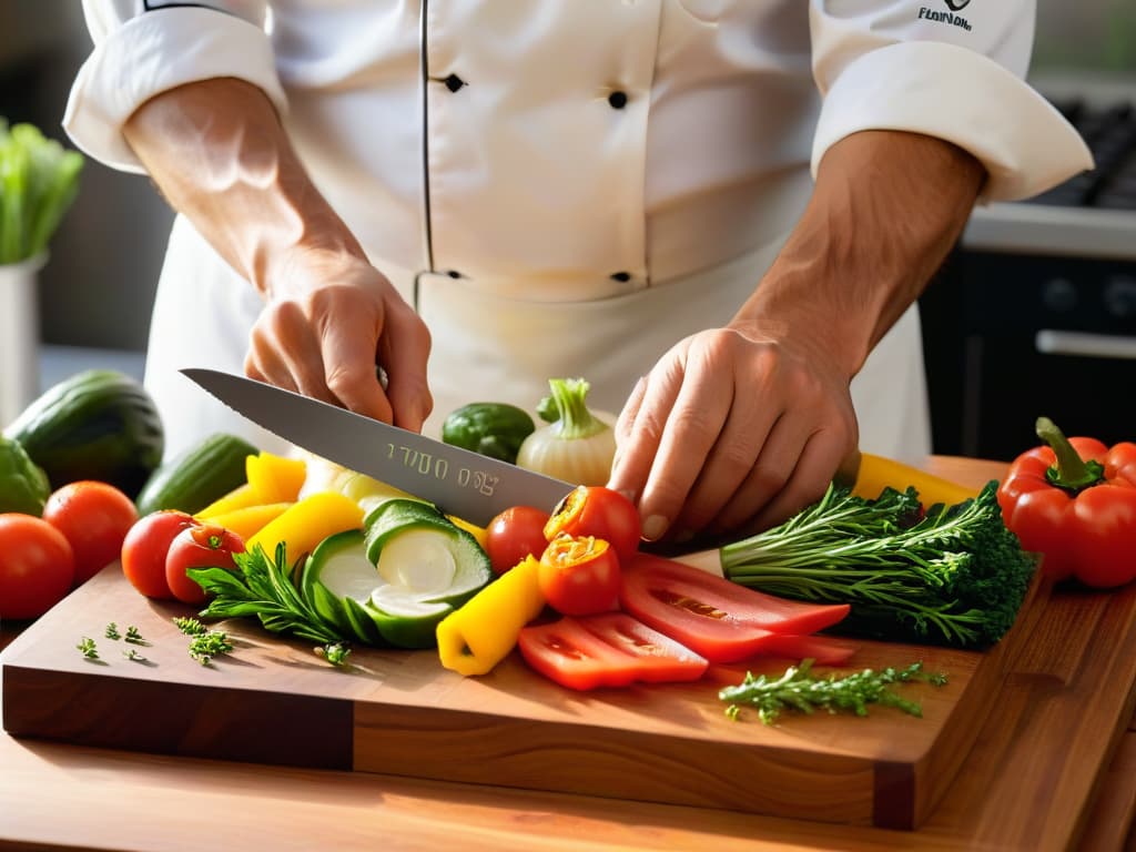  An ultradetailed closeup image of a chef's hands expertly chopping vibrant, fresh vegetables on a wooden cutting board, showcasing precision and culinary skill. The image captures the motion blur of the knife slicing through the vegetables, highlighting the colors and textures of the ingredients, with soft natural light illuminating the scene. The focus is on the intricate details of the ingredients and the chef's hands, conveying a sense of artistry and dedication to the culinary craft. hyperrealistic, full body, detailed clothing, highly detailed, cinematic lighting, stunningly beautiful, intricate, sharp focus, f/1. 8, 85mm, (centered image composition), (professionally color graded), ((bright soft diffused light)), volumetric fog, trending on instagram, trending on tumblr, HDR 4K, 8K