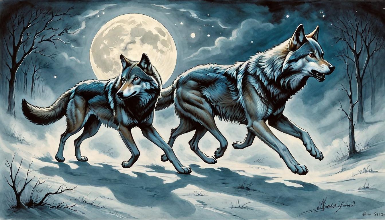  on parchment, surrealism+++, A pair of wolves running side by side under the full moon, embodying freedom and equal partnership. Swift, elegant wolves, pelts contrasting in moonlight, harmony in motion, unity without bounds, untamed spirits(mysterious, provocative, symbolic,muted color)+++