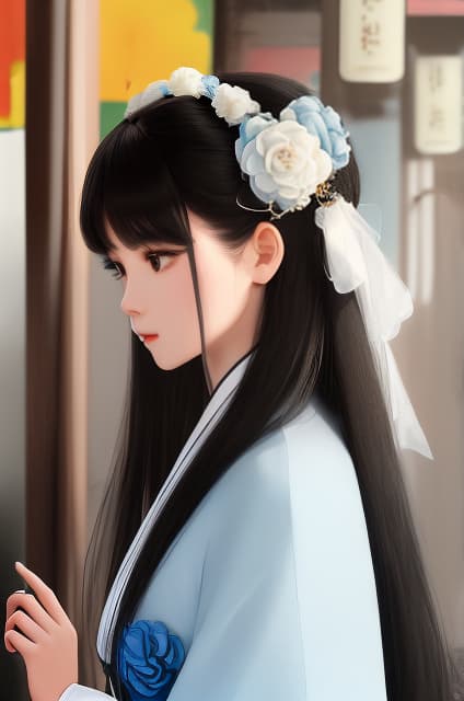  masterpiece, best quality, (Fidelity: 1.4), Best Quality, Masterpiece, Ultra High Resolution, Poster, Fantasy Art, Very Detailed Faces, 8k resolution, Chinese Style, An woman, Side Face, Quiet, Light Blue Hanfu, Tulle Coat, Long Black Hair, Light Blue Fringed Hair Ornament, Hairpin, White Ribbon, White Flower Bush, Light Blue Butterfly Flying, cinematic lighting effects