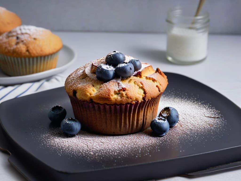  A closeup, ultradetailed image of a perfectly baked sugarfree blueberry muffin topped with a sprinkle of powdered stevia, resting on a sleek, matte black plate. The muffin is golden brown, with plump blueberries peeking out from within, emitting a tempting aroma. The lighting is soft, highlighting the texture of the muffin's crumb, creating a visually striking and mouthwatering minimalistic composition. hyperrealistic, full body, detailed clothing, highly detailed, cinematic lighting, stunningly beautiful, intricate, sharp focus, f/1. 8, 85mm, (centered image composition), (professionally color graded), ((bright soft diffused light)), volumetric fog, trending on instagram, trending on tumblr, HDR 4K, 8K