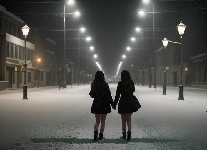  two girls, empty street, street lights, snowfall
