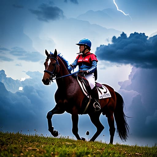  Lightning 🌩 sky, knight riding horse 🐎 in rain at dusk