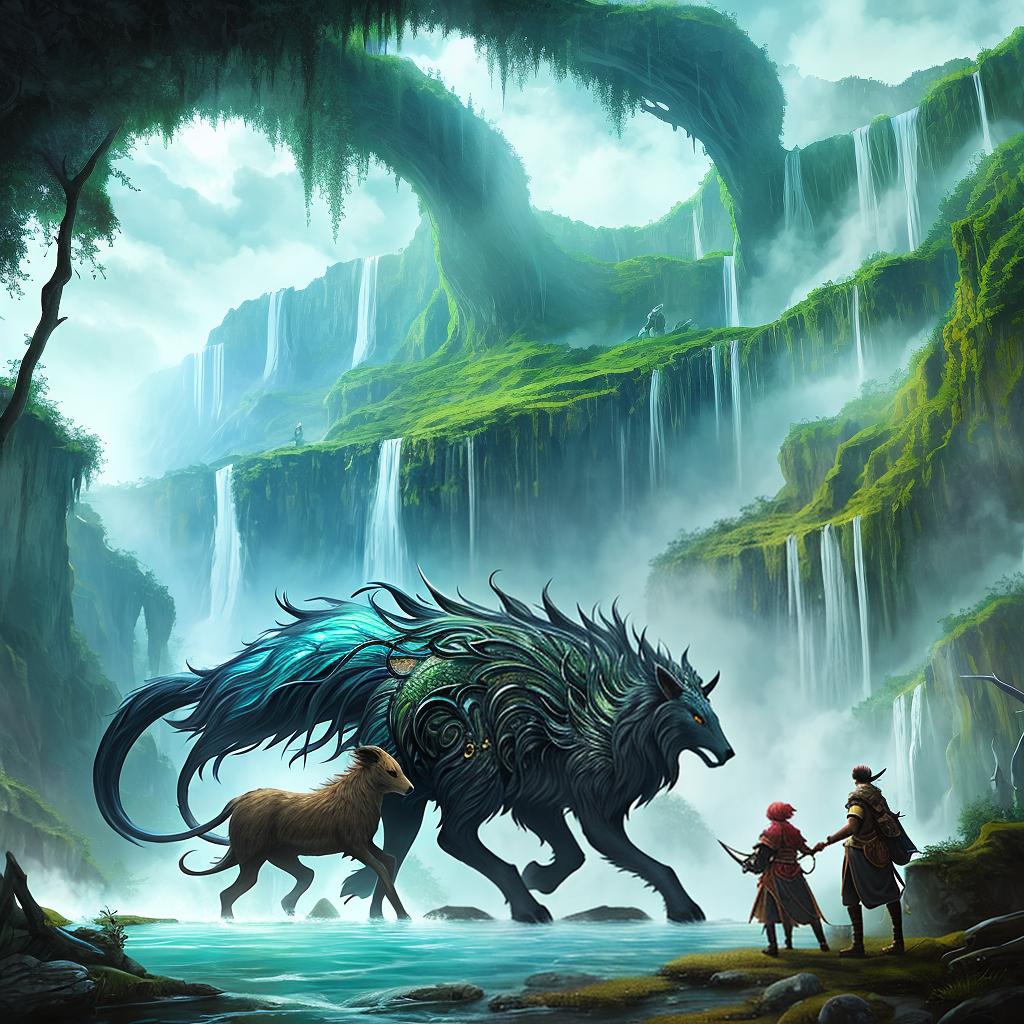  in a fantasy setting, Paint a surreal landscape where mythical beasts roam amidst cascading waterfalls.