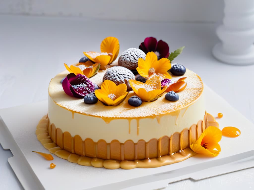  A highresolution, ultradetailed image of a delicate and intricate fusion dessert masterpiece, featuring layers of flaky pastry, drizzles of colorful exotic sauces, and garnished with edible flowers and gold leaf, all elegantly presented on a sleek, minimalist white plate against a soft, blurred background that subtly hints at a modern kitchen setting. The dessert should be visually stunning, with each component artistically arranged to showcase the harmonious fusion of flavors and textures, appealing to both the eyes and the palate. hyperrealistic, full body, detailed clothing, highly detailed, cinematic lighting, stunningly beautiful, intricate, sharp focus, f/1. 8, 85mm, (centered image composition), (professionally color graded), ((bright soft diffused light)), volumetric fog, trending on instagram, trending on tumblr, HDR 4K, 8K