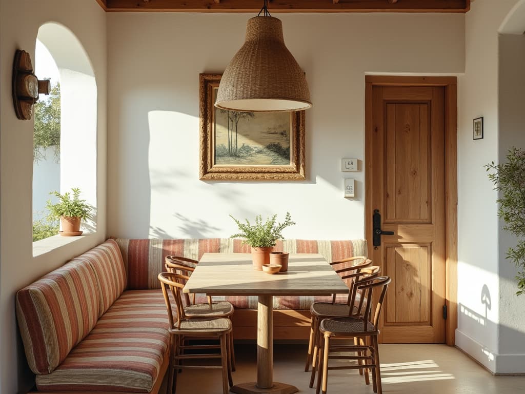  this unedited 8k photograph captures a breakfast nook in a cozy area designed for casual meals, styled in the ibicenco manner with white washed walls, rustic elegance, and a blend of indoor outdoor living. inspired by anson smart's photography, the image features a hyperrealistic, highly detailed masterpiece with a nostalgic style, evoking past decades through vintage color schemes and textures. it is taken from the perspective of someone within the room, using a polaroid sx 70 with a wide angle 35mm f/2 lens and polaroid 600 film grain. the photograph is professionally color graded, showcasing a bright, soft diffused light and chiaroscuro lighting, enhancing the traditional peruvian striped pattern on the walls and the dense, intricately b