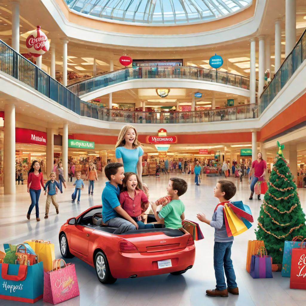  Create a children's book cover depicting four 7-year-old kids getting lost in a shopping mall and having adventures while searching for their parents. The cover should be colorful and whimsical, showing the kids in different scenes throughout the mall, such as exploring a toy store or riding a carousel. hyperrealistic, full body, detailed clothing, highly detailed, cinematic lighting, stunningly beautiful, intricate, sharp focus, f/1. 8, 85mm, (centered image composition), (professionally color graded), ((bright soft diffused light)), volumetric fog, trending on instagram, trending on tumblr, HDR 4K, 8K