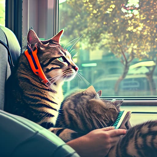 nvinkpunk Realistic image of a cat wearing headphones and reading glasses while riding a bus. hyperrealistic, full body, detailed clothing, highly detailed, cinematic lighting, stunningly beautiful, intricate, sharp focus, f/1. 8, 85mm, (centered image composition), (professionally color graded), ((bright soft diffused light)), volumetric fog, trending on instagram, trending on tumblr, HDR 4K, 8K