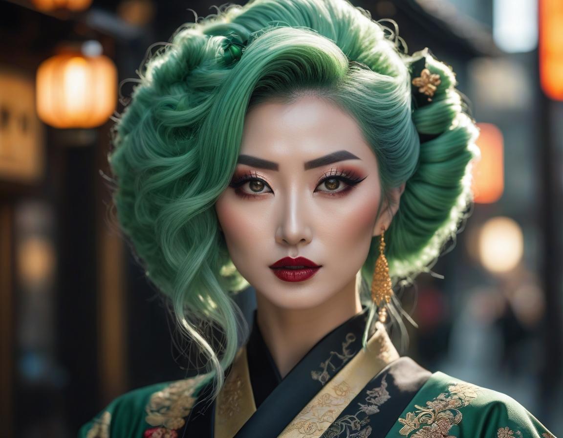  cinematic photo Gorgeous fluid, realistic and intricate, high definition portrait of a Gothic Geisha with realistic, clear eyes and detailed green hair, high resolution, photorealistic, Nikon Z9, 85mm F1.2, DOF, sharp focus very detailed and extremely beautiful. Intricate photorealistic 8k winning photography masterpiece, ultra detailed high definition sharp quality focused in hdr Ultra realistic, HR Ginger . 35mm photograph, film, bokeh, professional, 4k, highly detailed hyperrealistic, full body, detailed clothing, highly detailed, cinematic lighting, stunningly beautiful, intricate, sharp focus, f/1. 8, 85mm, (centered image composition), (professionally color graded), ((bright soft diffused light)), volumetric fog, trending on instagram, trending on tumblr, HDR 4K, 8K