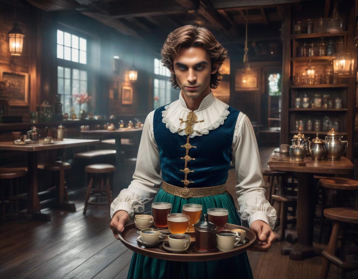  A tavern, an elf boy in a maid's costume holds a tray with tea, shyly looking at the floor. hyperrealistic, full body, detailed clothing, highly detailed, cinematic lighting, stunningly beautiful, intricate, sharp focus, f/1. 8, 85mm, (centered image composition), (professionally color graded), ((bright soft diffused light)), volumetric fog, trending on instagram, trending on tumblr, HDR 4K, 8K