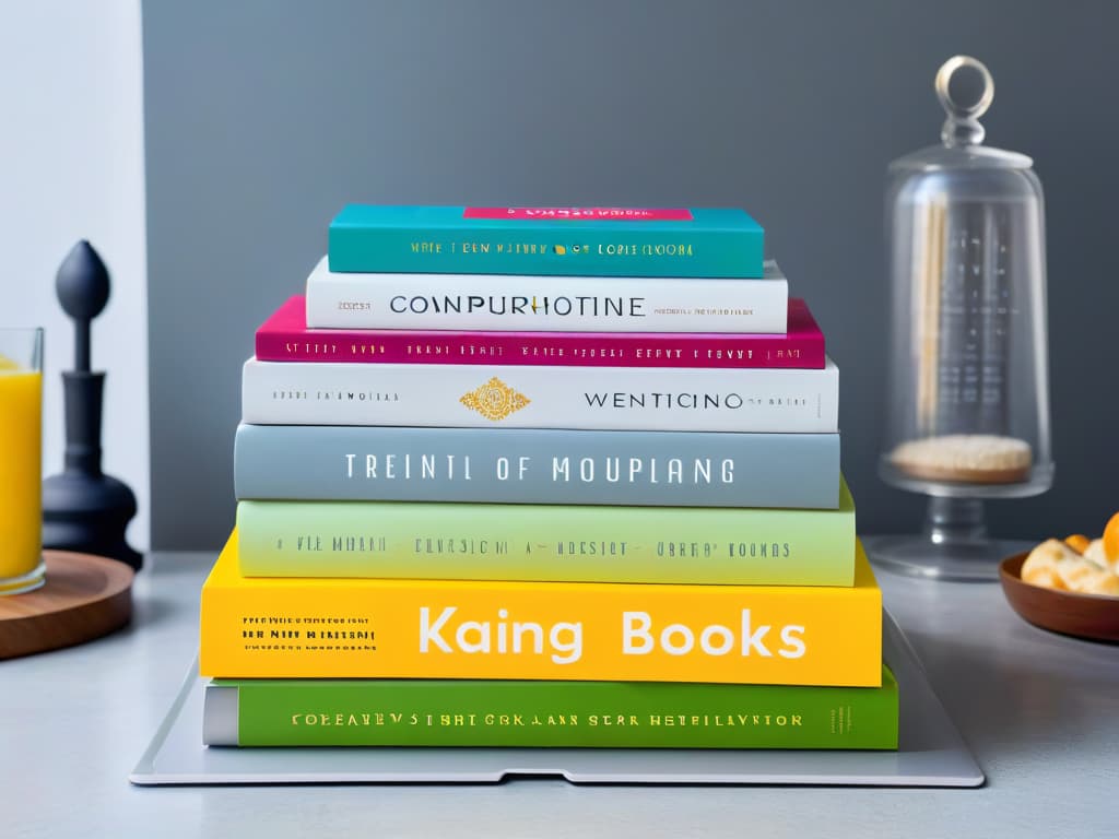  A minimalistic image of a stack of colorful, beautifully designed baking books arranged neatly on a sleek, modern kitchen countertop. The books feature elegant typography on their spines and vibrant, appetizing images of various desserts on their covers. The countertop is a clean, white marble surface with subtle grey veining, enhancing the sophisticated and professional aesthetic of the image. hyperrealistic, full body, detailed clothing, highly detailed, cinematic lighting, stunningly beautiful, intricate, sharp focus, f/1. 8, 85mm, (centered image composition), (professionally color graded), ((bright soft diffused light)), volumetric fog, trending on instagram, trending on tumblr, HDR 4K, 8K