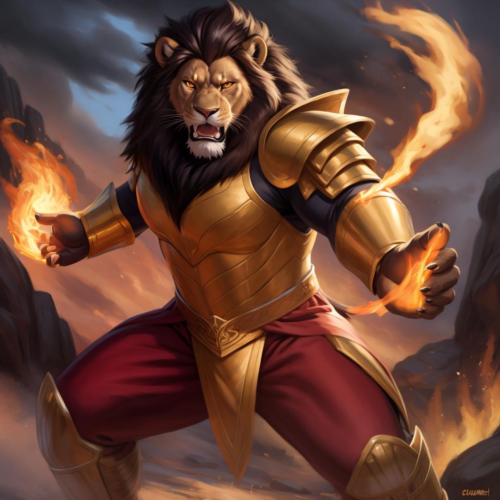  By chunie, by Meesh, portrait, full view, full body, detailed eyes, glowing eyes:2, sharp detail, masterpiece, photorealistic:2, solo, anthro, male, lion, scar on face, a lions fighting in a battlefield, casting a sparkling fire spell:2, fighting, roaring, angry face:2, serious face:2, rage, enraged:2, sparkling red and gold armor:2, surrounded by glowing flames:2, fireland, sparkling fire in background:2, ultra detailed sparkling flame, ultra detailed sparkling red and gold armor:2, sfw, thick body, muscular body, stare at the camera, open eyes, digital art, masterpiece, 4k, fine details,